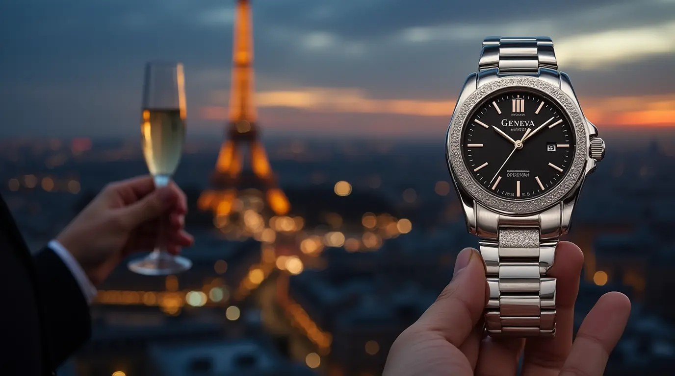 Close-up of a Geneva watch on a traveler’s wrist, set against a Paris skyline at dusk