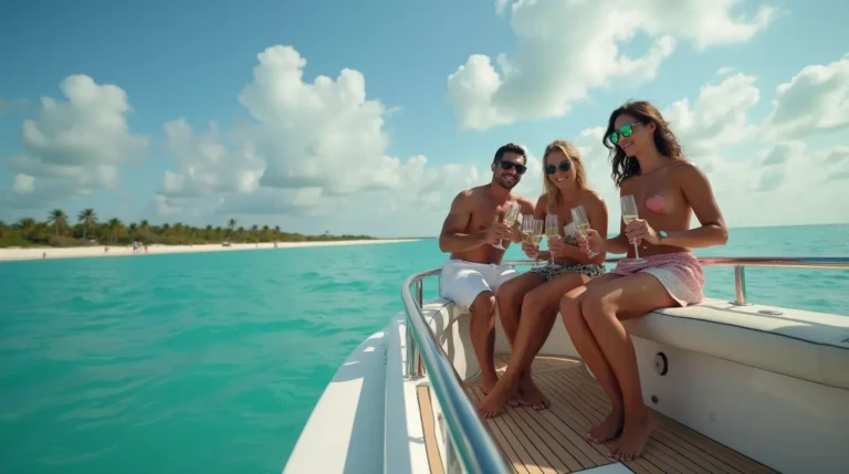 A luxury yacht cruising on Destin's emerald waters with people enjoying champagne on the deck."