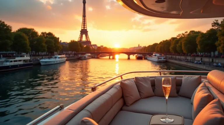 A luxurious private Seine River cruise, offering breathtaking views of Parisian landmarks at sunset.
