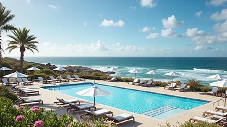 The image should feature the breathtaking Playa del Matorral or Jable Beach, highlighting the sunset over the Atlantic Ocean. The warm hues of the sky reflecting on the water should evoke a sense of peace and exclusivity, showcasing the natural beauty that makes Morro Jable a dream destination for luxury travelers.