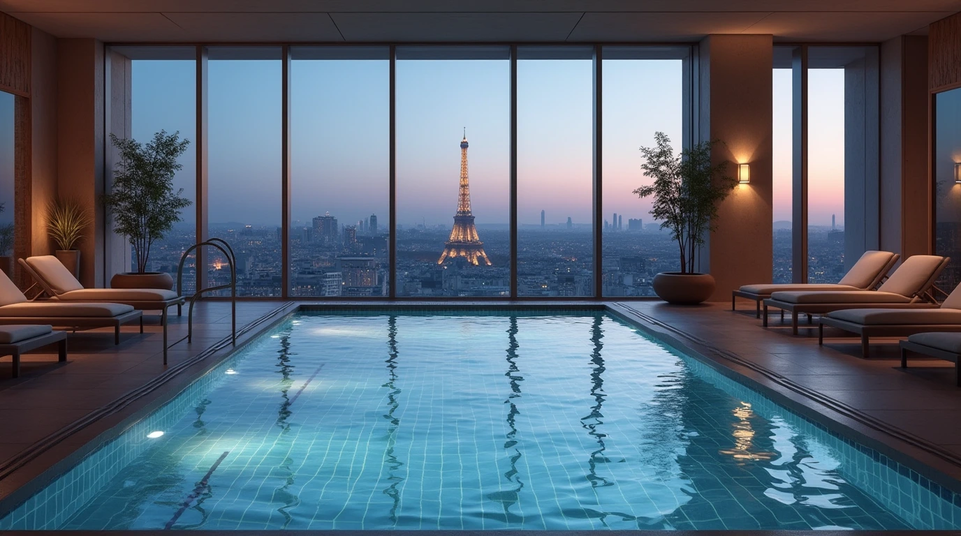 A luxurious indoor pool at a French hotel in Paris, with stunning views of the city